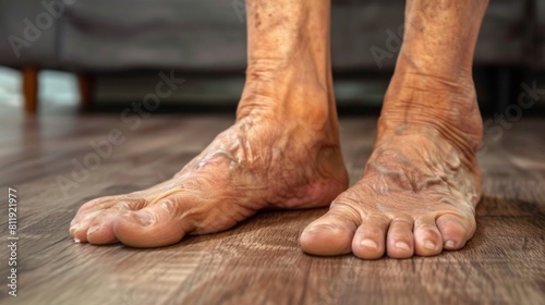 Close-up of an elderly persons feet resting on a wooden floor