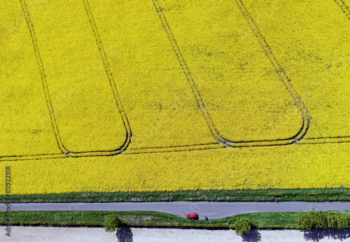 Aerial view of farmland in the countryside of North Yorkshire in the United Kingdom.