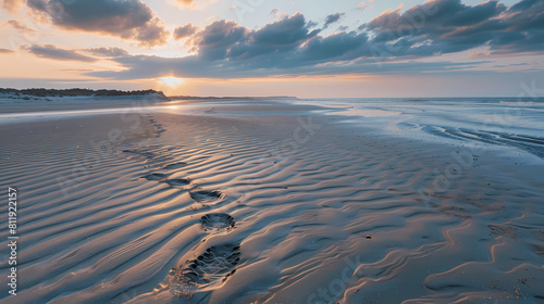 plage de sable avec traces de pas au soleil couchant --ar 16 9