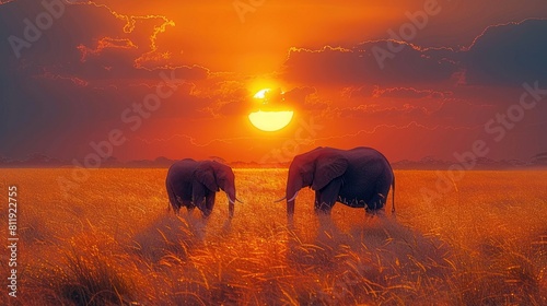 elephants walking across a dry grass field at sunset with the sun in the background © AwieDarwis