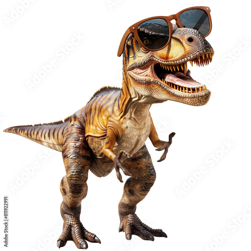 The image shows a funny dinosaur wearing sunglasses. It looks like he s having a good time and enjoying the sun.