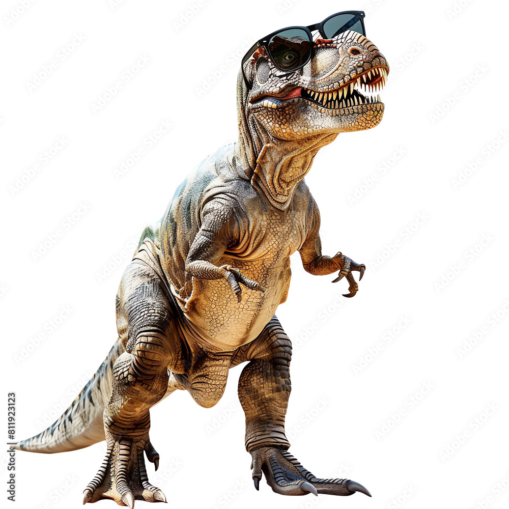 Fototapeta premium The photo shows a realistic rendering of a Tyrannosaurus Rex wearing sunglasses