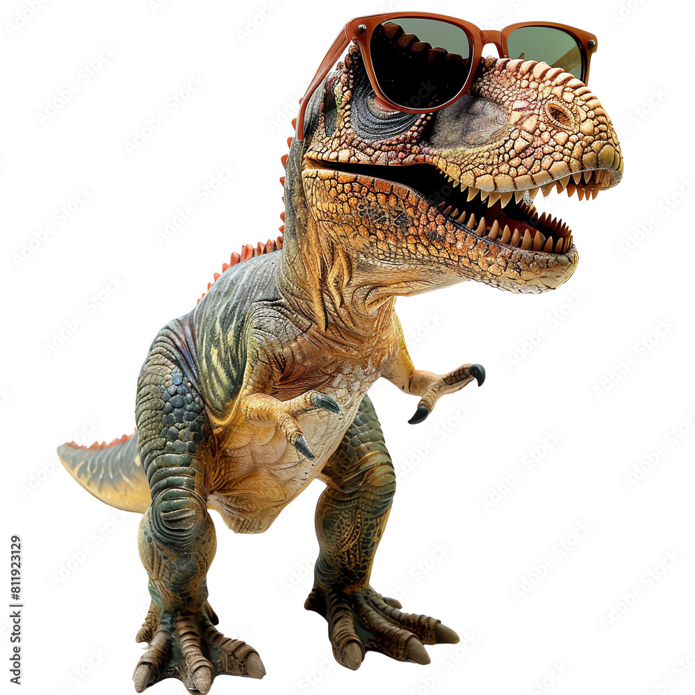 Fototapeta premium The picture shows a cartoon dinosaur wearing sunglasses. It looks like he's having a good time.