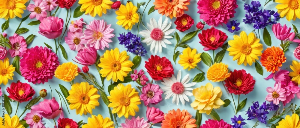 Illustration of vibrant spring flowers arranged on a flat background Illustration of vibrant spring flowers arranged on a flat background