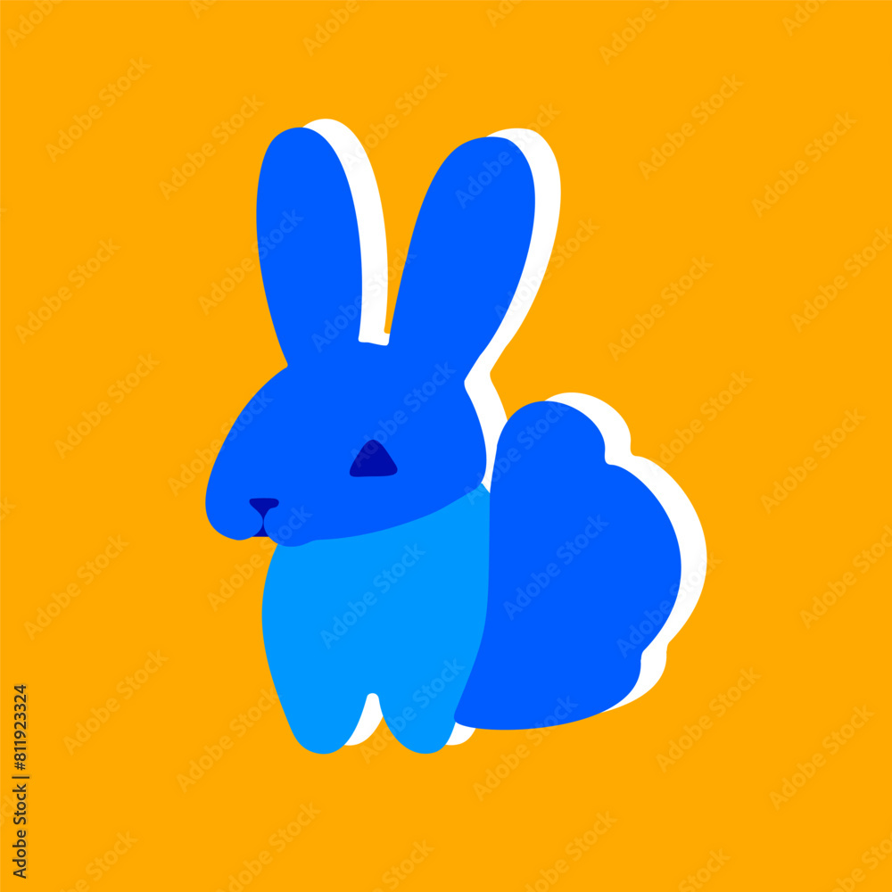 Vivid Blue Bunny - Whimsical Cartoon Rabbit on Warm Orange Background