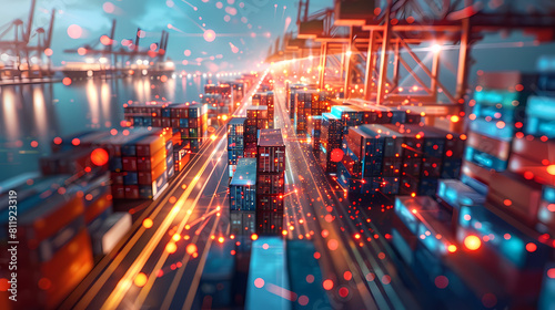 At a next-generation cargo terminal  an array of containers is interconnected by a vibrant matrix of lines  illustrating the seamless communication and coordination of global suppl