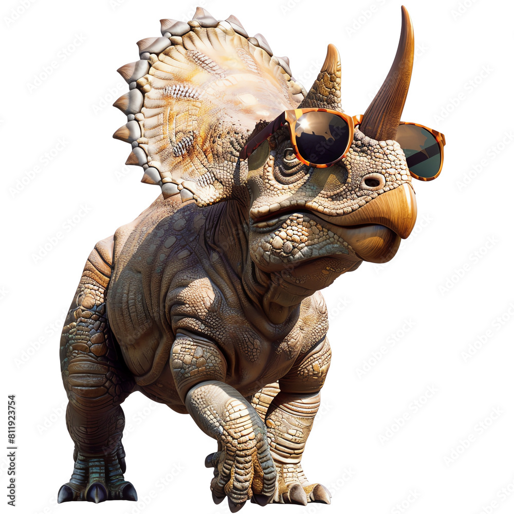 Fototapeta premium A funny image of a triceratops wearing sunglasses.