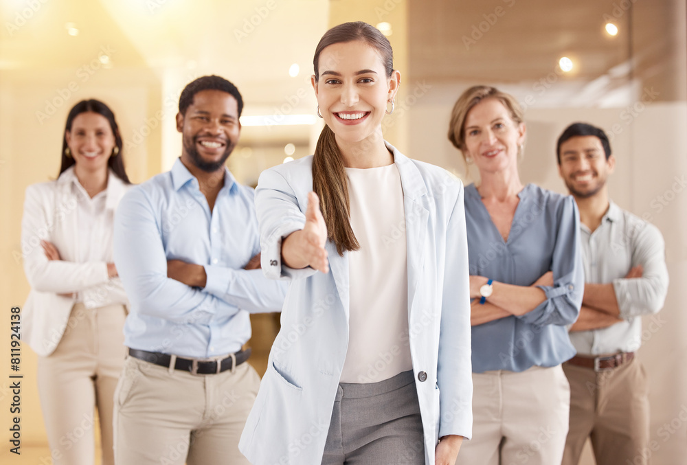 Office, business woman and handshake in portrait for welcome, hiring and recruitment in workplace. Businesspeople, men or women as human resource staff, professional and corporate team with thank you Office, business woman and handshake in portrait for welcome, hiring and recruitment in workplace. Businesspeople, men or women as human resource staff, professional and corporate team with thank you