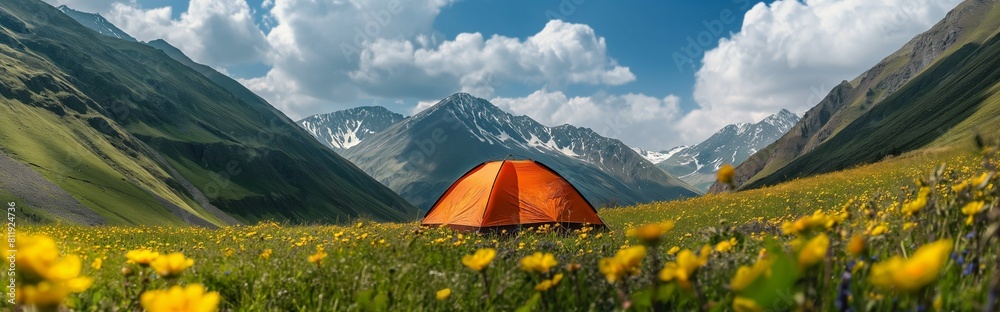 Summer vacation in the mountains. Photo of tent on the top of a mountain at sunset.
Summer vacation in the mountains. Photo of tent on the top of a mountain at sunset.