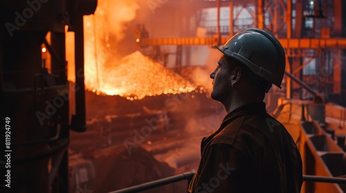 Steel mill worker looking at the molten metal