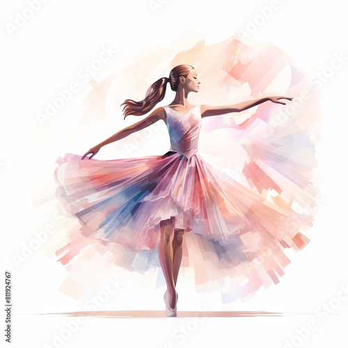 A beautiful ballerina is dancing in a watercolor painting.