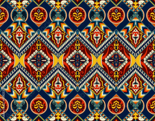 abstract fabric pattern Seamless ethnic background, navy blue and red. photo
