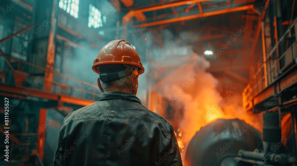 A steelworker wearing a hard hat looks at a furnace.