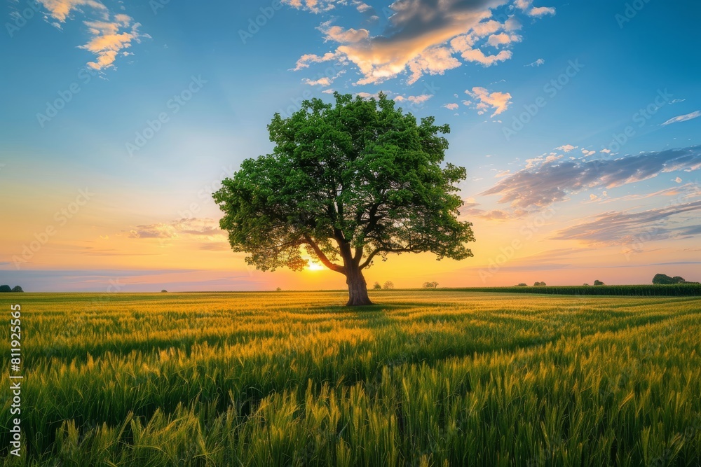Fototapeta premium Photo of a lone tree in the middle of an open field at sunset 