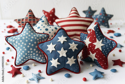 Staffed star shaped toys, pillows in white, red and blue colors of the American flag photo