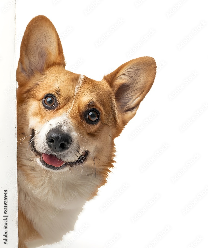 Cute Corgi dog peeking from the left side of an empty white background Cute Corgi dog peeking from the left side of an empty white background