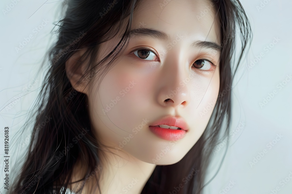 Photo of an Asian girl model with long hair, delicate facial features and beautiful makeup looking at the camera, closeup of her face Photo of an Asian girl model with long hair, delicate facial features and beautiful makeup looking at the camera, closeup of her face