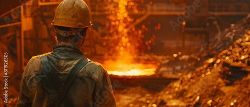 A steelworker wearing a hard hat and protective gear observes the sparks from a molten metal pour.