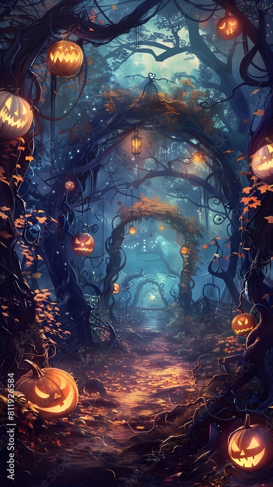 Enchanted Autumn Forest with Glowing Pumpkins and Mystical Lanterns