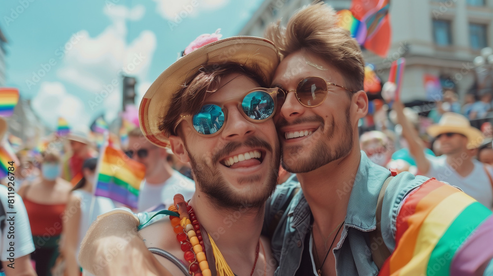 Cheerful friends gay men at the pride parade, lgbtq community Cheerful friends gay men at the pride parade, lgbtq community