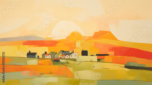 village grassland sunset landscape background poster decorative painting 