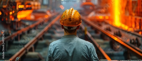 Steel mill worker wearing hard hat looking at molten metal