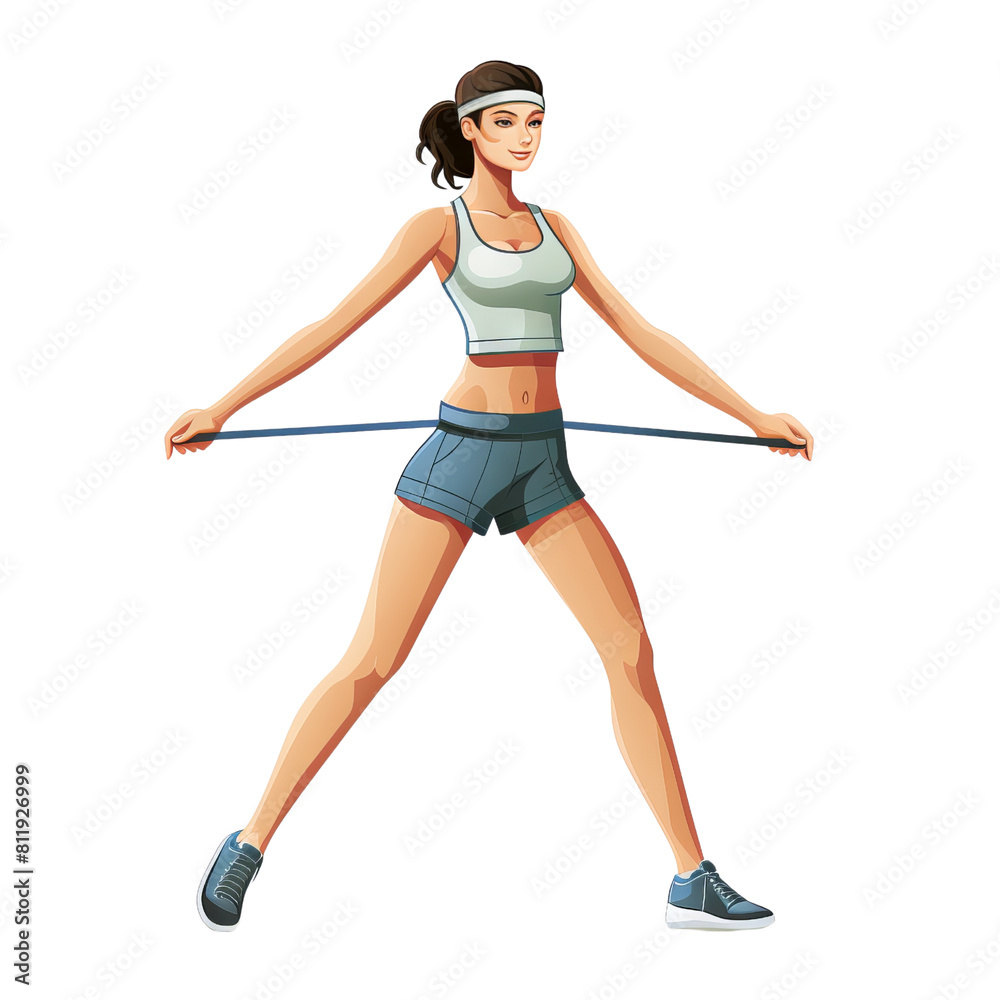 The image shows a woman doing stretching exercise with resistance band The image shows a woman doing stretching exercise with resistance band