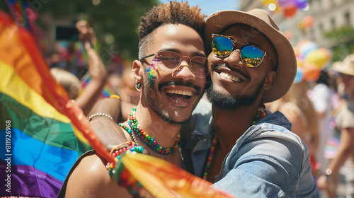 Cheerful friends gay men at the pride parade, lgbtq community