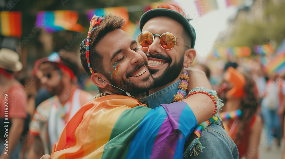 Cheerful friends gay men at the pride parade, lgbtq community