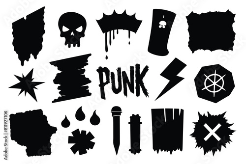 Set of grunge scrawls, pencil drawn scribbles, torn paper sheets, ink stains. Punk aesthetics elements for collage, banner, stickers design. Isolated vector illustration