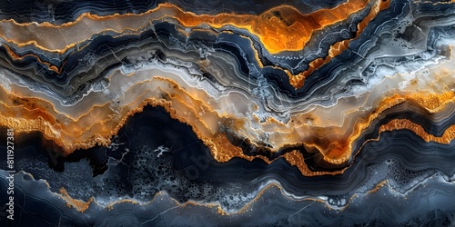Mesmerizing Black Marble Background with Dramatic Orange and Gray Swirling Patterns and Intricate Veining