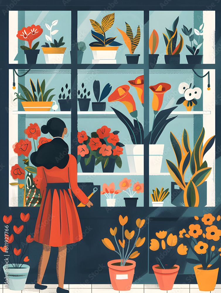 Girl at the flower shop flat style illustration Girl at the flower shop flat style illustration