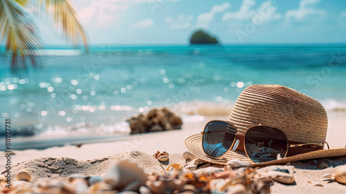 Straw hat and sunglasses on a beach. © Yuthachai