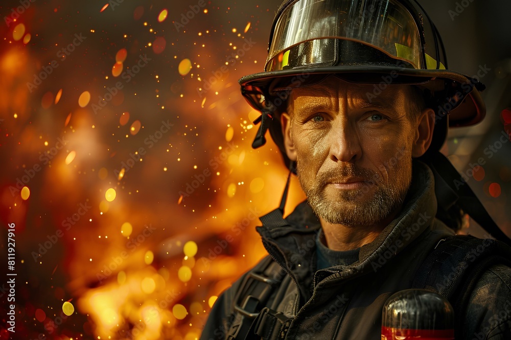 Firefighter in protective gear standing in front of a blazing fire, looking at the camera with a determined expression. Firefighter in protective gear standing in front of a blazing fire, looking at the camera with a determined expression.