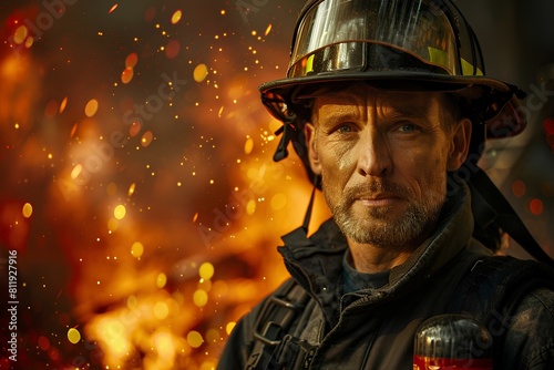 Firefighter in protective gear standing in front of a blazing fire, looking at the camera with a determined expression.