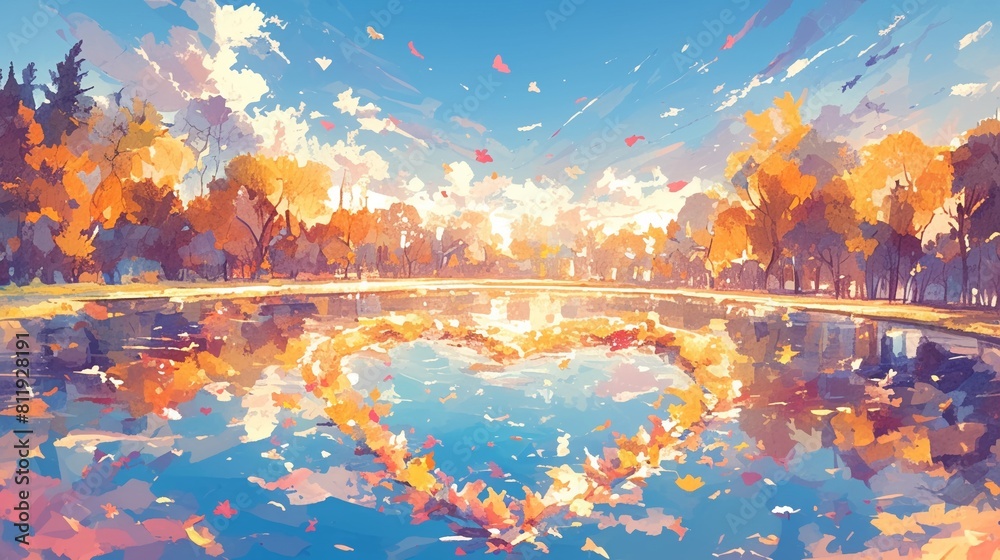 Heart-shaped lake, watercolor, surrounded by autumn trees, golden hour, serene, wide angle 