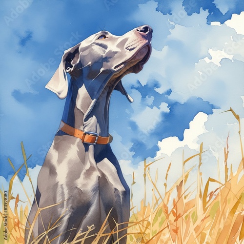 Great Dane, open field, watercolor, serene sky backdrop, side angle, gentle giant aura , realistic watercolor