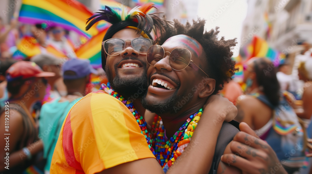 Cheerful friends gay men at the pride parade, lgbtq community