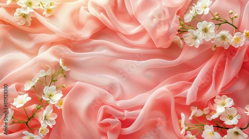 Na różowym materiale widoczne są białe kwiaty. Tło jest przeznaczone do projektów graficznych photo