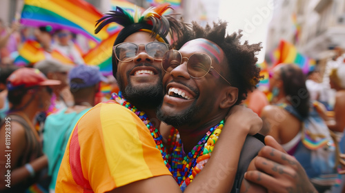 Cheerful friends gay men at the pride parade  lgbtq community