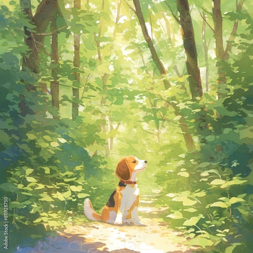 Beagle with bird wings, watercolor, forest path, laugh, eye level, dappled sunlight photo