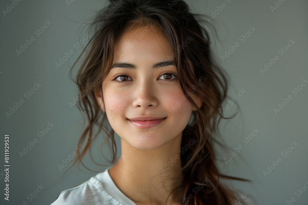 Smiling asian woman with long hair against grey minimalist blank background with copy space Smiling asian woman with long hair against grey minimalist blank background with copy space