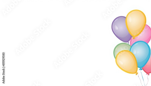 Balloons attached to strings against a plain white backdrop, AI-generated.