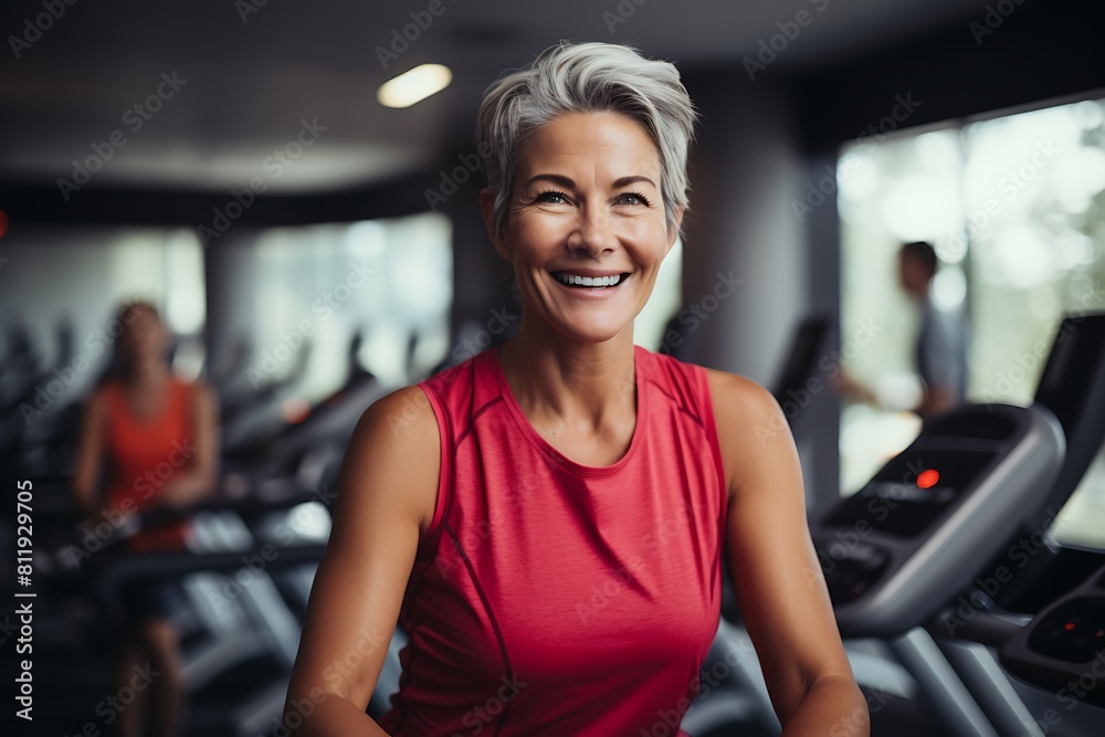 Portrait of smiling senior woman exercising on treadmill in gym with personal trainer Portrait of smiling senior woman exercising on treadmill in gym with personal trainer