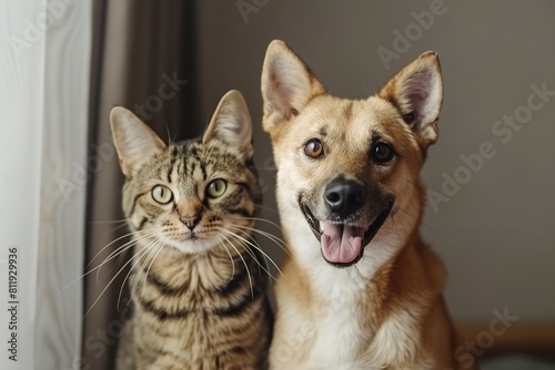 Happy dog and cat portrait with their eyes fixed on the camera. Generative Ai © Abu