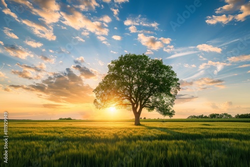 Photo of a lone tree in the middle of an open field at sunset 