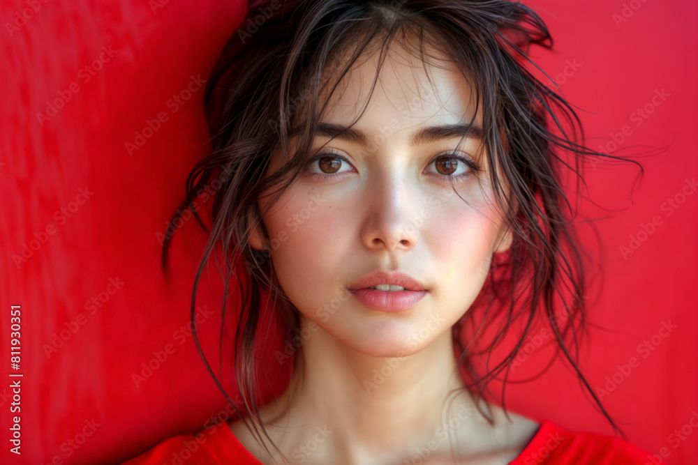 Close-up of person in red shirt against vivid red minimalist blank background with copy space Close-up of person in red shirt against vivid red minimalist blank background with copy space