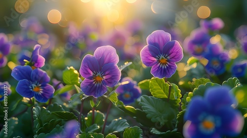 Vibrant Violet Blooms Basking in Soft Morning Light on Lush Greenery © pkproject