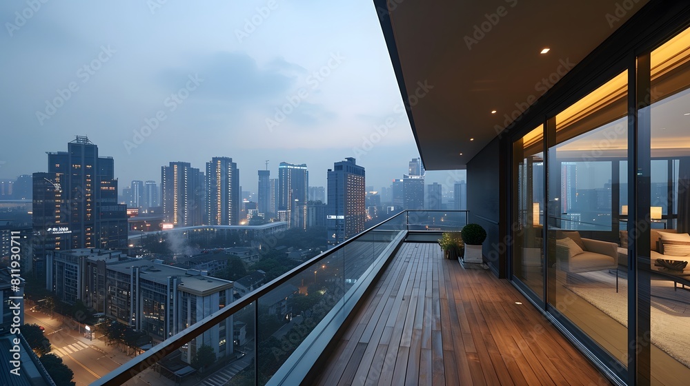 Modern balcony with wooden flooring and glass walls offering city views, creating an elegant urban retreat in the heart of highrise district.
Modern balcony with wooden flooring and glass walls offering city views, creating an elegant urban retreat in the heart of highrise district.