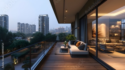 Wallpaper Mural Modern balcony with wooden flooring and glass walls offering city views, creating an elegant urban retreat in the heart of highrise district.
 Torontodigital.ca